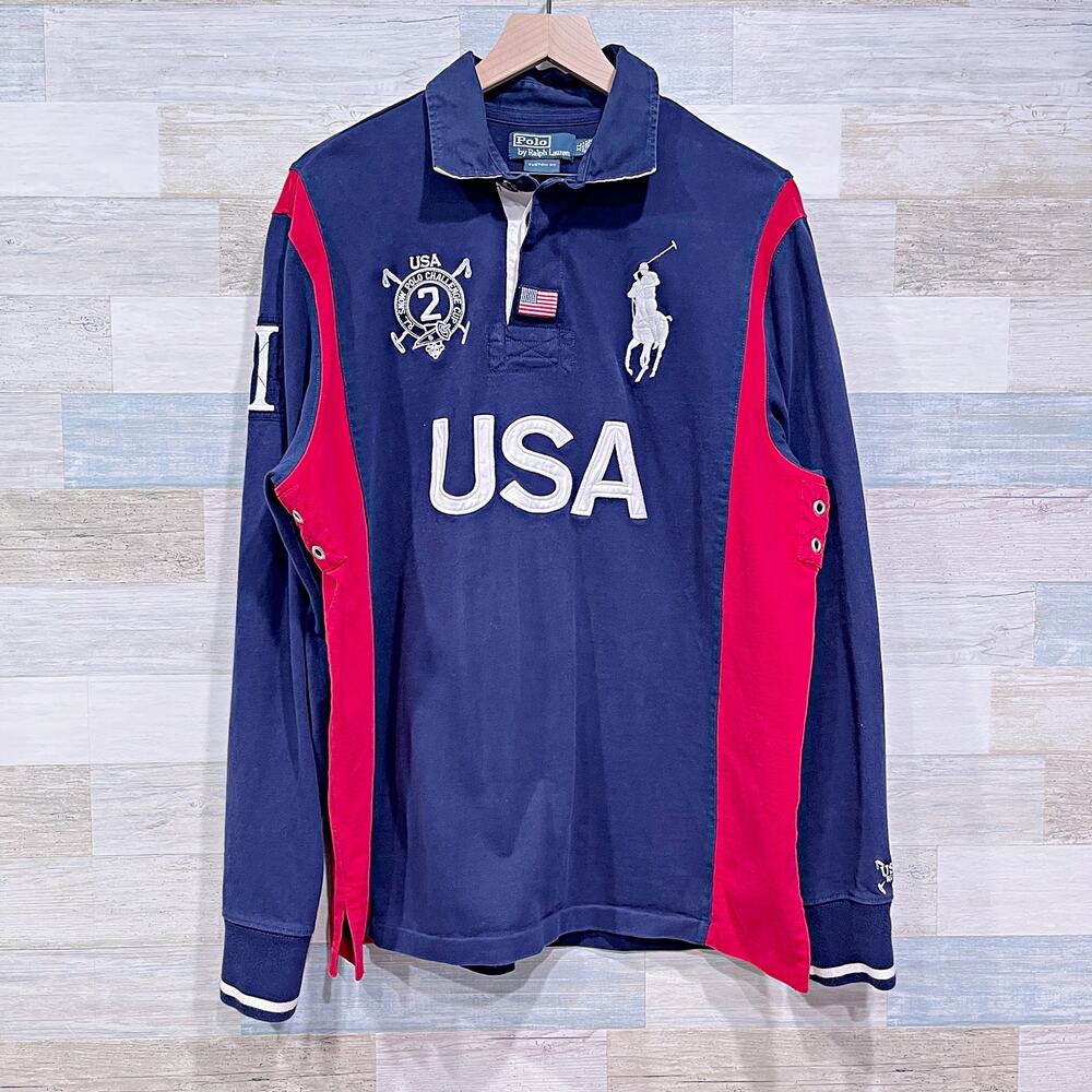POLO Ralph Lauren Vintage Custom Fit USA Rugby Shirt Blue Long Sleeve Mens XL